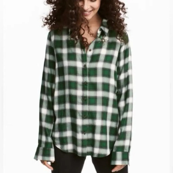 H&M Holiday Beetle Beaded Embellished Button Down Green Plaid Shirt size 4 - Picture 1 of 12